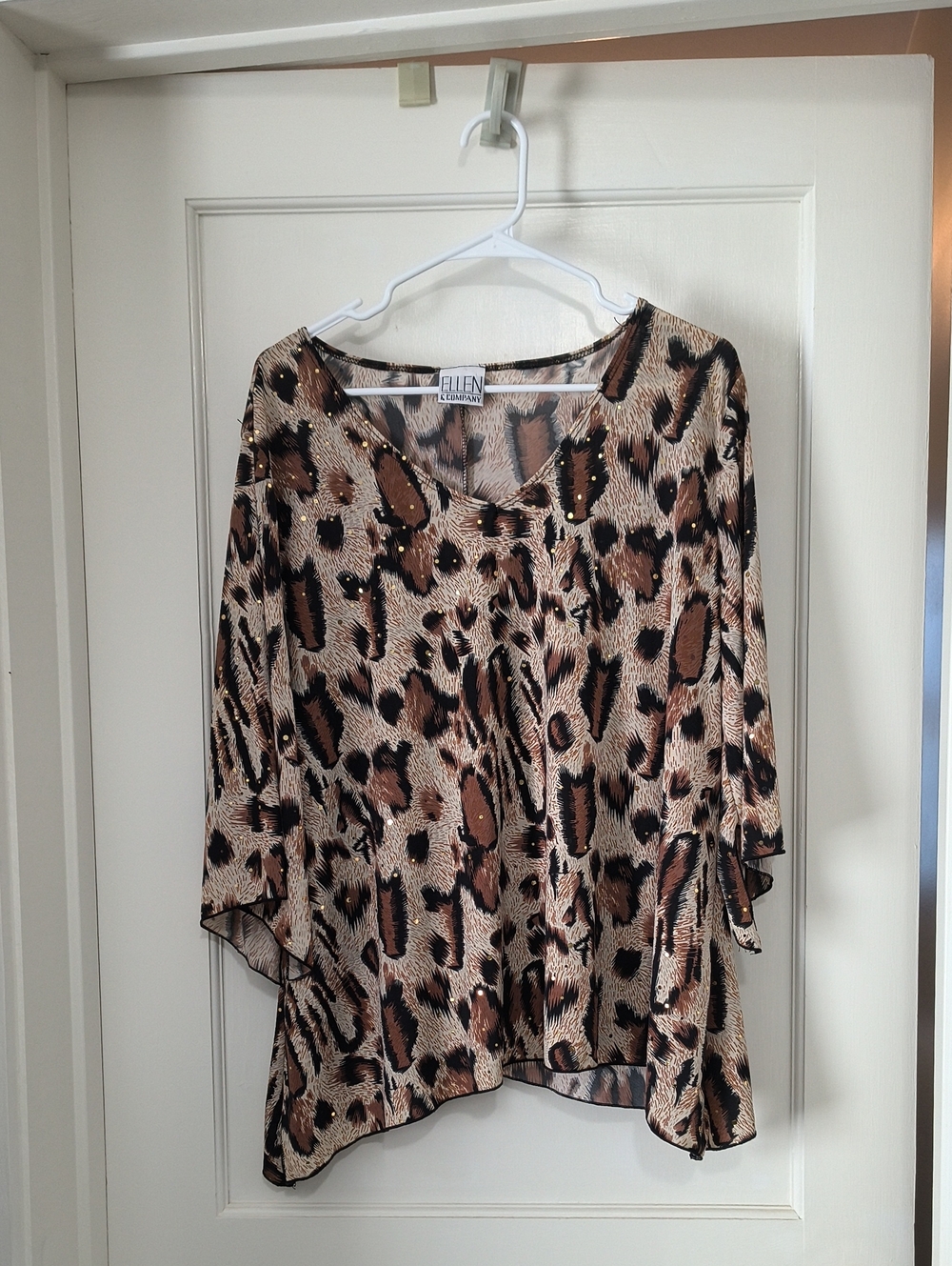 Ellen Tracy Brown Leopard Print Blouse with Gold Sparkle Accents